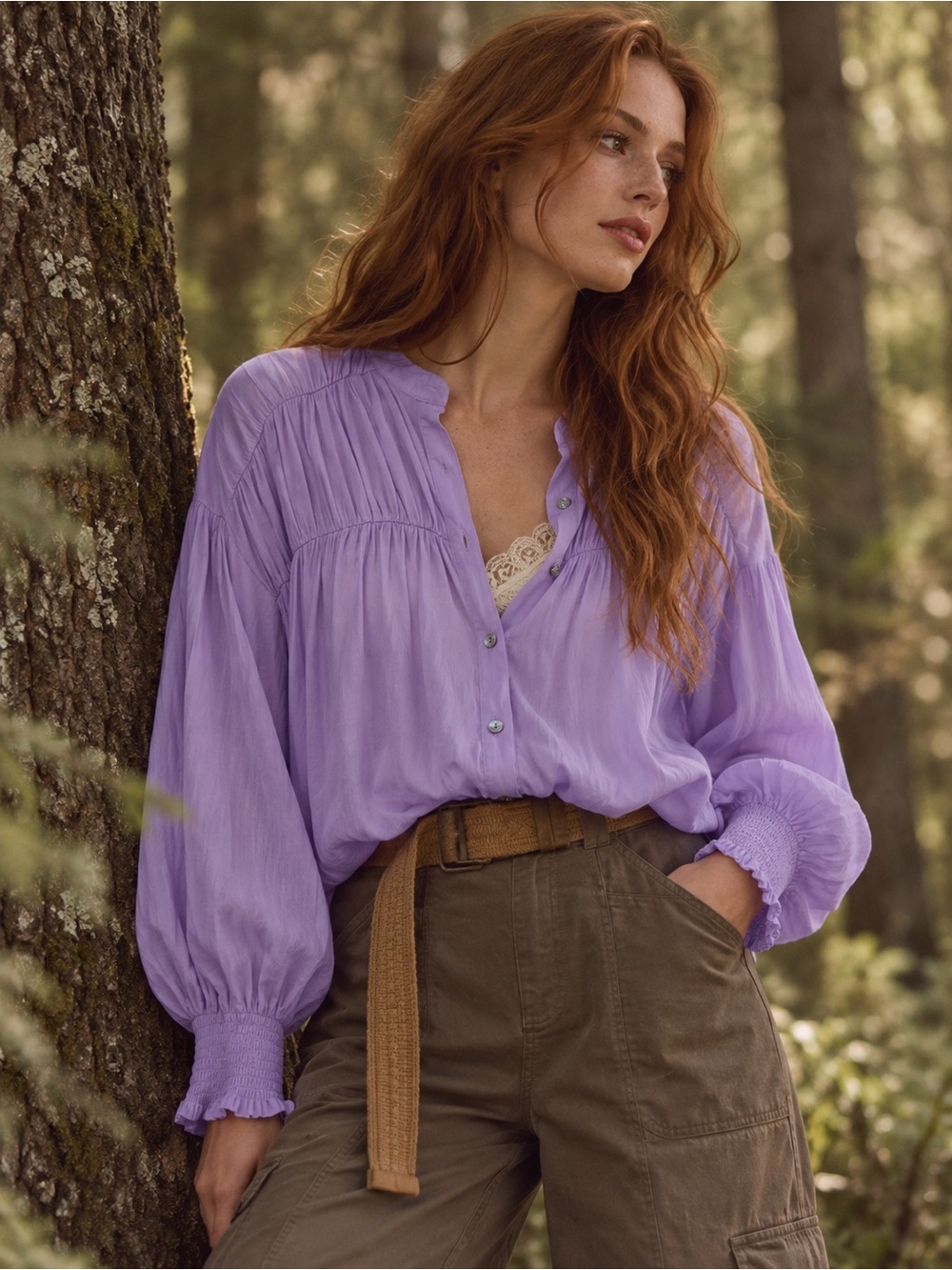 Entro Lavender Poet Blouse Smocked Cuffs Balloon Sleeves Small